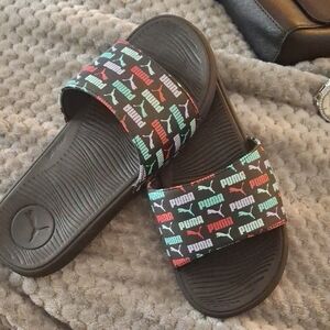 Puma Black Slide Sandals with Multicolor Logo